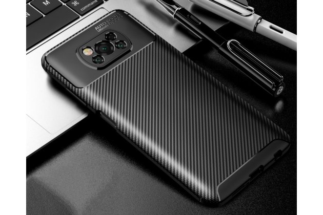 Чехол панель-бампер из тончайшего и прочного силикона для Xiaomi POCO X3 / X3 NFC / X3 Pro с матовой отделкой «под карбон» черная