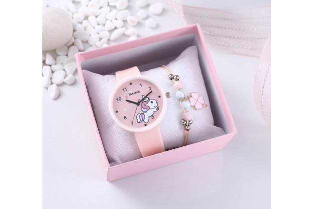 Детские силиконовые часы с единорогом и браслет MyPads M-A06942 красивый недорогой подарок дочке внучке сестричке крестнице племяннице ребенку девочке 3 4 5 6 7 лет День рождения Новый год Рождество 8 Марта именины ученице в 1 класс 